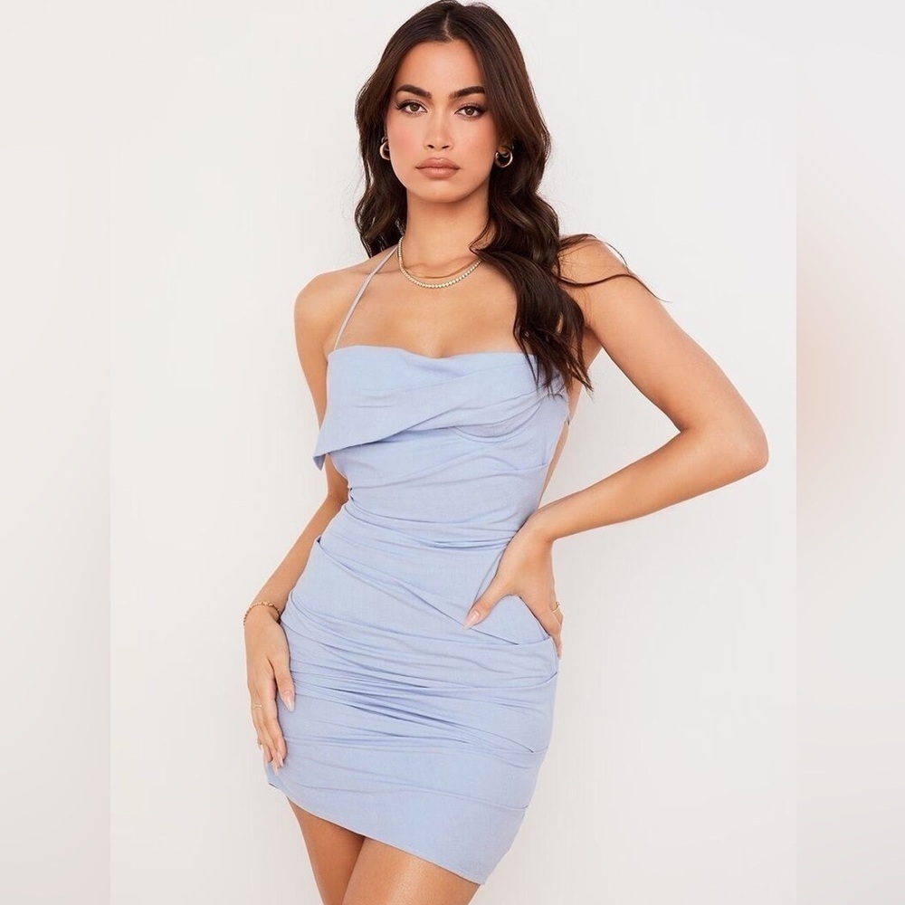 House of CB London XS Lana Open Back Mini Halter Dress Cocktail Blue Strappy